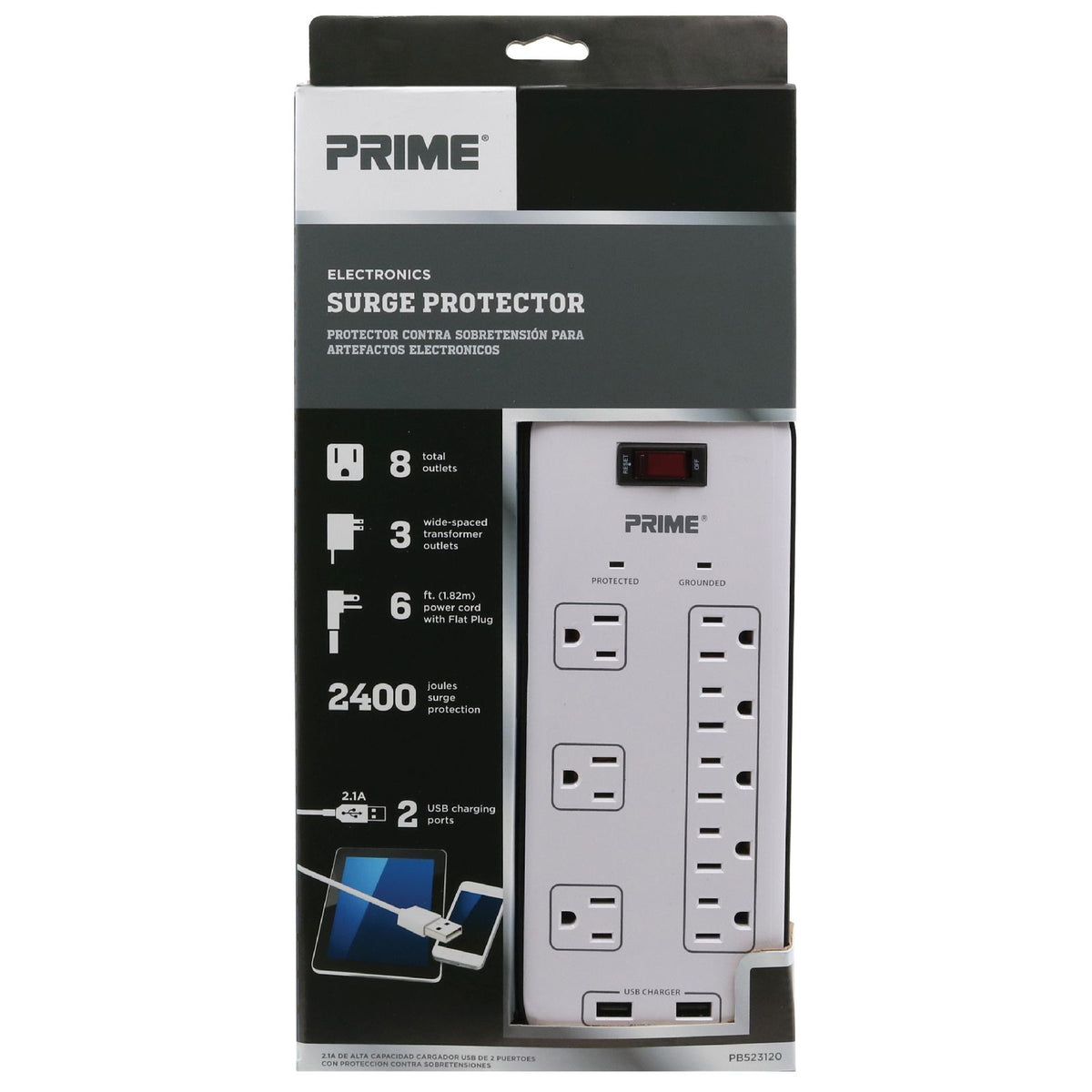 8-Outlet 2400 Joule Multimedia Surge Protector w/2-Port USB