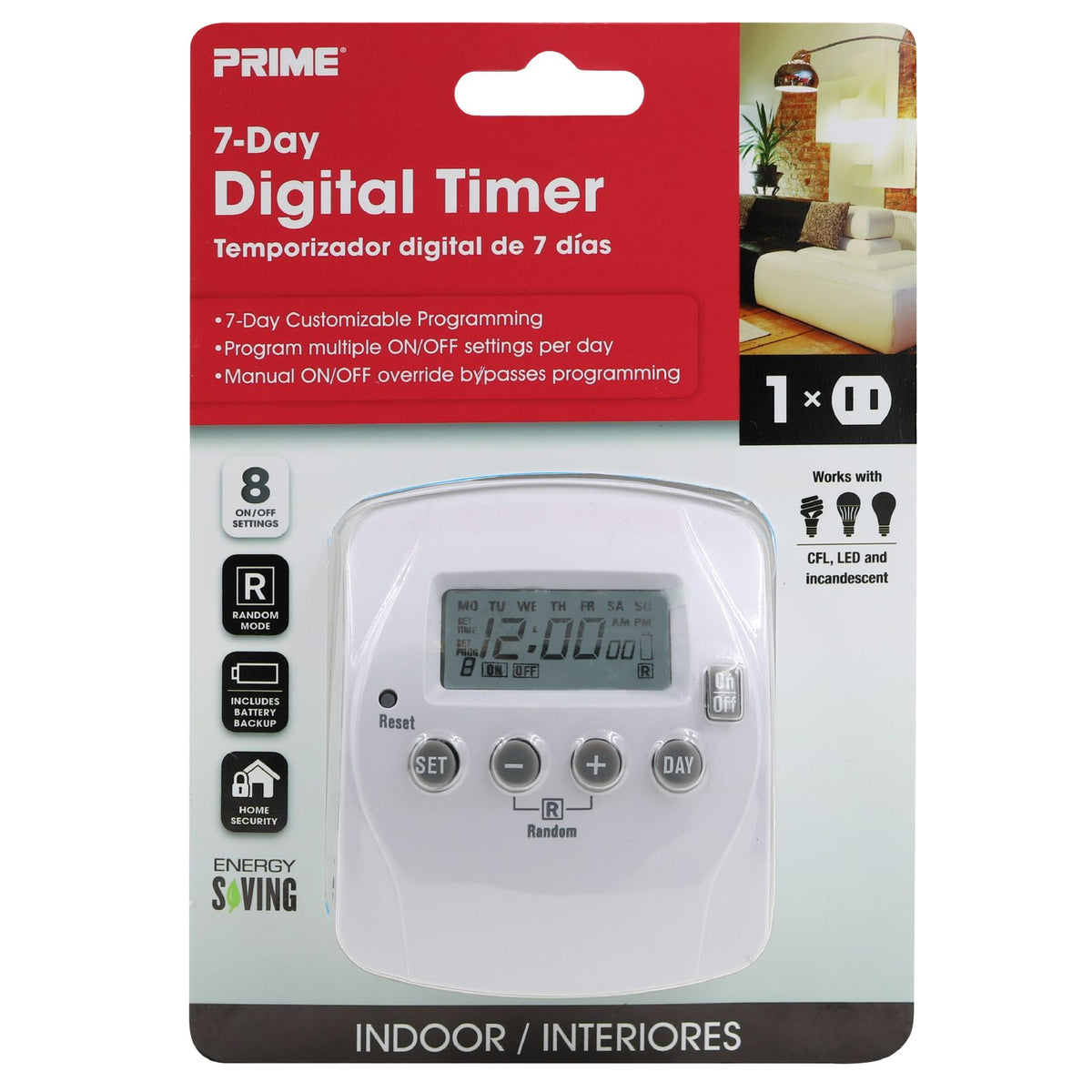 1-Outlet 7-Day Digital Indoor Timer w/8 Programs — Prime Wire & Cable Inc.